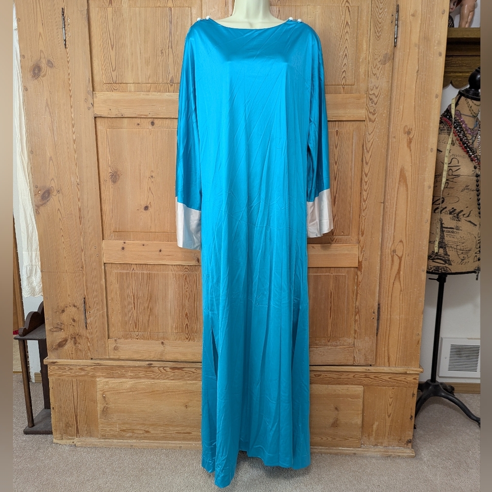 VTG 60s Mod Vanity Fair Aqua Blue Kaftan Mumu Dressing Gown Sz L